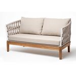 "Диего" диван 2-местный плетеный из роупа, основание дуб, каркас алюминий светло-серый (RAL7035) шагрень, роуп бежевый круглый, ткань бежевая 15052 | Интернет магазин мебели и декора LifeDekor