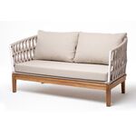 "Диего" диван 2-местный плетеный из роупа, основание дуб, каркас алюминий светло-серый (RAL7035) шагрень, роуп бежевый круглый, ткань бежевая 15052 | Интернет магазин мебели и декора LifeDekor