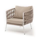 "Диего" кресло плетеное из роупа, каркас алюминий белый муар, роуп бежевый круглый, ткань бежевая 052 | Интернет магазин мебели и декора LifeDekor