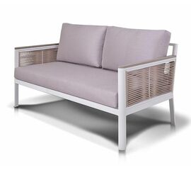 "Сан Ремо" диван 2-местный плетеный из роупа, каркас алюминий белый, роуп бежевый, ткань бежевая | Интернет магазин мебели и декора LifeDekor