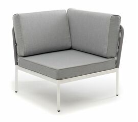 "Канны" угловой модуль плетеный из роупа, каркас алюминий белый шагрень, роуп светло-серый круглый, ткань светло-серая | Интернет магазин мебели и декора LifeDekor