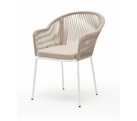"Лион" стул плетеный из роупа, каркас из стали белый муар, роуп бежевый круглый, ткань бежевая | Интернет магазин мебели и декора LifeDekor