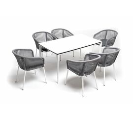 "Малага" обеденная группа на 6 персон со стульями "Марсель", каркас белый, роуп светло-серый | Интернет магазин мебели и декора LifeDekor