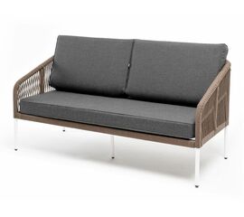 "Канны" диван 2-местный плетеный из роупа, каркас алюминий белый, роуп коричневый круглый, ткань серая | Интернет магазин мебели и декора LifeDekor