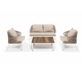 "Милан" лаунж-зона 4-местная плетеная из роупа (веревки), каркас алюминиевый белый, роуп бежевый | Интернет магазин мебели и декора LifeDekor