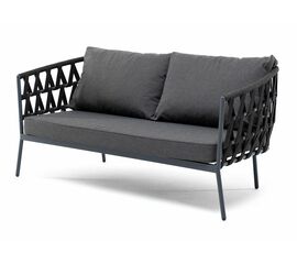 "Диего" диван 2-местный плетеный из роупа, каркас алюминий темно-серый (RAL7024) муар, роуп темно-серый круглый, ткань темно-серая 027 | Интернет магазин мебели и декора LifeDekor