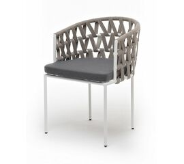 "Диего" стул плетеный из роупа, каркас из стали белый муар, роуп серый меланж круглый, ткань серая 017 | Интернет магазин мебели и декора LifeDekor