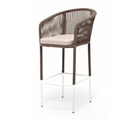 "Марсель" стул барный плетеный из роупа, каркас из стали белый муар, роуп коричневый круглый, ткань бежевая 052 | Интернет магазин мебели и декора LifeDekor