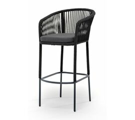 "Марсель" стул барный плетеный из роупа, каркас из стали серый (RAL7022) муар, роуп темно-серый круглый, ткань темно-серая 027 | Интернет магазин мебели и декора LifeDekor