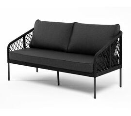 "Канны" диван 2-местный плетеный из роупа (узелки), каркас алюминий темно-серый (RAL7024) муар, роуп темно-серый круглый, ткань темно-серая 027 | Интернет магазин мебели и декора LifeDekor