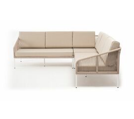 "Канны" диван модульный плетеный из роупа, каркас алюминий белый, роуп бежевый круглый, ткань бежевая 035 | Интернет магазин мебели и декора LifeDekor