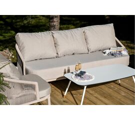 "Верона" диван 3-местный плетеный из роупа, каркас алюминий белый муар, роуп бежевый круглый, ткань бежевая 052 | Интернет магазин мебели и декора LifeDekor