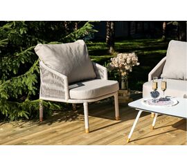 "Верона" кресло плетеное из роупа, каркас алюминий белый муар, роуп бежевый круглый, ткань бежевая 052 | Интернет магазин мебели и декора LifeDekor