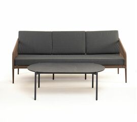 "Канны" диван 3-местный плетеный из роупа, каркас алюминий темно-серый (RAL7024) шагрень, роуп темно-серый круглый, ткань темно-серая 019 | Интернет магазин мебели и декора LifeDekor