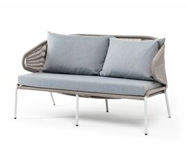 "Милан" диван 2-местный плетеный из роупа, каркас алюминий светло-серый (RAL7035) муар, роуп серый меланж круглый, ткань светло-серая | Интернет магазин мебели и декора LifeDekor
