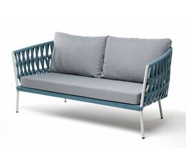 "Диего" диван 2-местный плетеный из роупа, каркас алюминий светло-серый (RAL7035) муар, роуп бирюзовый круглый, ткань светло-серая | Интернет магазин мебели и декора LifeDekor