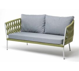 "Диего" диван 2-местный плетеный из роупа, каркас алюминий светло-серый (RAL7035) муар, роуп салатовый меланж круглый, ткань светло-серая | Интернет магазин мебели и декора LifeDekor
