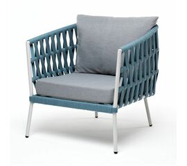 "Диего" кресло плетеное из роупа, каркас алюминий светло-серый (RAL7035) муар, роуп бирюзовый круглый, ткань светло-серая | Интернет магазин мебели и декора LifeDekor