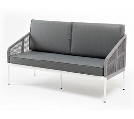 "Канны" диван 2-местный плетеный из роупа, каркас алюминий белый муар, роуп светло-серый круглый, ткань серая 017 | Интернет магазин мебели и декора LifeDekor