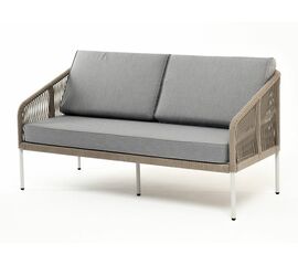 "Канны" диван 2-местный плетеный из роупа, каркас алюминий светло-серый (RAL7035) шагрень, роуп серый меланж круглый, ткань светло-серая | Интернет магазин мебели и декора LifeDekor