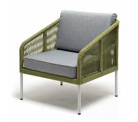 "Канны" кресло плетеное из роупа, каркас алюминий светло-серый (RAL7035) муар, роуп салатовый меланж круглый, ткань светло-серая | Интернет магазин мебели и декора LifeDekor