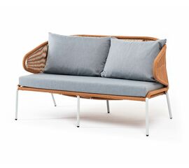 "Милан" диван 2-местный плетеный из роупа, каркас алюминий светло-серый (RAL7035) муар, роуп оранжевый меланж круглый, ткань светло-серая | Интернет магазин мебели и декора LifeDekor