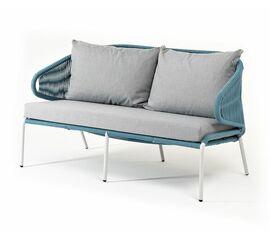 "Милан" диван 2-местный плетеный из роупа, каркас алюминий светло-серый (RAL7035) муар, роуп бирюзовый круглый, ткань светло-серая | Интернет магазин мебели и декора LifeDekor