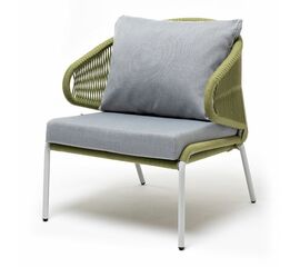 "Милан" кресло плетеное из роупа, каркас алюминий светло-серый (RAL7035) муар, роуп салатовый меланж круглый, ткань светло-серая | Интернет магазин мебели и декора LifeDekor