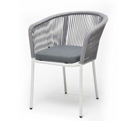 "Марсель" стул плетеный из роупа, каркас алюминий белый муар, роуп светло-серый круглый, ткань светло-серая | Интернет магазин мебели и декора LifeDekor