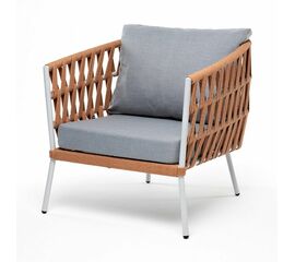 "Диего" кресло плетеное из роупа, каркас алюминий светло-серый (RAL7035) муар, роуп оранжевый меланж круглый, ткань светло-серая | Интернет магазин мебели и декора LifeDekor