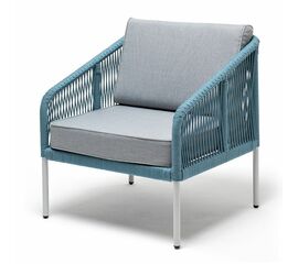 "Канны" кресло плетеное из роупа, каркас алюминий светло-серый (RAL7035) муар, роуп бирюзовый круглый, ткань светло-серая | Интернет магазин мебели и декора LifeDekor