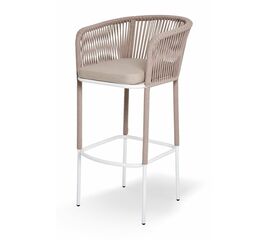 "Марсель" стул барный плетеный из роупа, каркас из стали белый муар, роуп бежевый круглый, ткань бежевая 15052 | Интернет магазин мебели и декора LifeDekor
