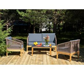 "Канны" лаунж-зона 4-местная из роупа со столом "Гранада" (серый гранит), основание дуб, роуп коричневый, ткань темно-серая | Интернет магазин мебели и декора LifeDekor