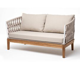 "Диего" диван 2-местный плетеный из роупа, основание дуб, каркас алюминий светло-серый (RAL7035) шагрень, роуп бежевый круглый, ткань бежевая 15052 | Интернет магазин мебели и декора LifeDekor