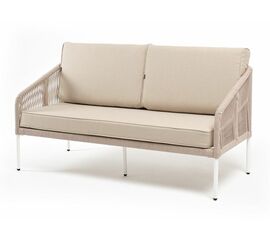 "Канны" диван 2-местный плетеный из роупа, каркас алюминий белый муар, роуп бежевый круглый, ткань бежевая 052 | Интернет магазин мебели и декора LifeDekor