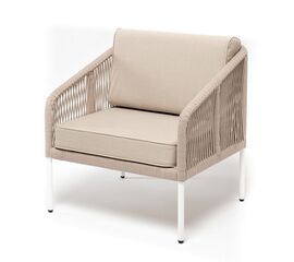 "Канны" кресло плетеное из роупа, каркас алюминий белый муар, роуп бежевый круглый, ткань бежевая 15052, высота посадки 45 см | Интернет магазин мебели и декора LifeDekor