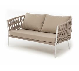 "Диего" диван 2-местный плетеный из роупа, каркас алюминий белый муар, роуп бежевый круглый, ткань бежевая 052 | Интернет магазин мебели и декора LifeDekor