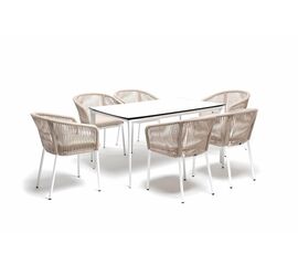 "Малага" обеденная группа на 6 персон со стульями "Марсель", каркас белый, роуп бежевый | Интернет магазин мебели и декора LifeDekor