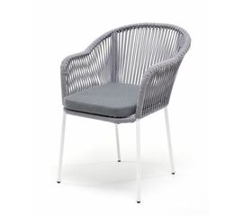 "Лион" стул плетеный из роупа, каркас из стали белый муар, роуп светло-серый круглый, ткань светло-серая | Интернет магазин мебели и декора LifeDekor