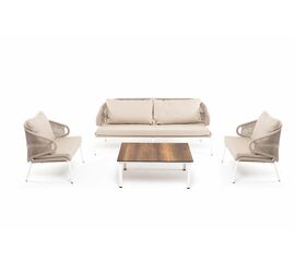 "Милан" лаунж-зона 5-местная плетеная из роупа (веревки), каркас алюминиевый белый, роуп бежевый | Интернет магазин мебели и декора LifeDekor