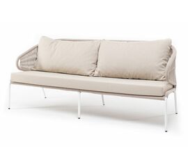 "Милан" диван 3-местный плетеный из роупа, каркас алюминий белый муар, роуп бежевый круглый, ткань бежевая 052 | Интернет магазин мебели и декора LifeDekor