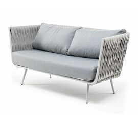 "Монако" диван 2-местный плетеный из роупа, каркас алюминий светло-серый (RAL7035) муар, роуп светло-серый 40 мм, ткань светло-серая | Интернет магазин мебели и декора LifeDekor