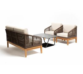 "Канны" лаунж-зона 4-местная из роупа со столом "Гранада" (серый гранит), основание дуб, роуп коричневый, ткань бежевая | Интернет магазин мебели и декора LifeDekor