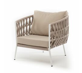 "Диего" кресло плетеное из роупа, каркас алюминий белый муар, роуп бежевый круглый, ткань бежевая 052 | Интернет магазин мебели и декора LifeDekor