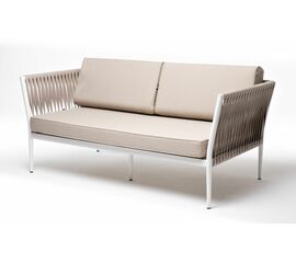 "Касабланка" диван 2-местный плетеный из роупа, каркас алюминий белый муар, роуп бежевый 20мм, ткань бежевая 15052 | Интернет магазин мебели и декора LifeDekor