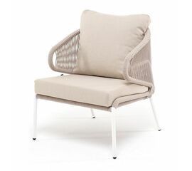 "Милан" кресло плетеное из роупа, каркас алюминий белый муар, роуп бежевый круглый, ткань бежевая 052 | Интернет магазин мебели и декора LifeDekor