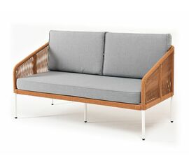 "Канны" диван 2-местный плетеный из роупа, каркас алюминий светло-серый (RAL7035) муар, роуп оранжевый меланж круглый, ткань светло-серая | Интернет магазин мебели и декора LifeDekor