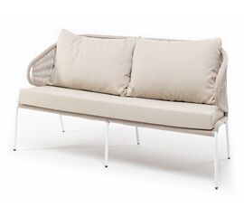 "Милан" диван 2-местный плетеный из роупа, каркас алюминий белый муар, роуп бежевый круглый, ткань бежевая 052 | Интернет магазин мебели и декора LifeDekor