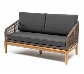 "Канны" диван 2-местный плетеный из роупа, основание дуб, роуп коричневый круглый, ткань темно-серая 027 | Интернет магазин мебели и декора LifeDekor