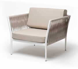 "Касабланка" кресло плетеное из роупа, каркас алюминий белый муар, роуп бежевый 20мм, ткань бежевая 052 | Интернет магазин мебели и декора LifeDekor